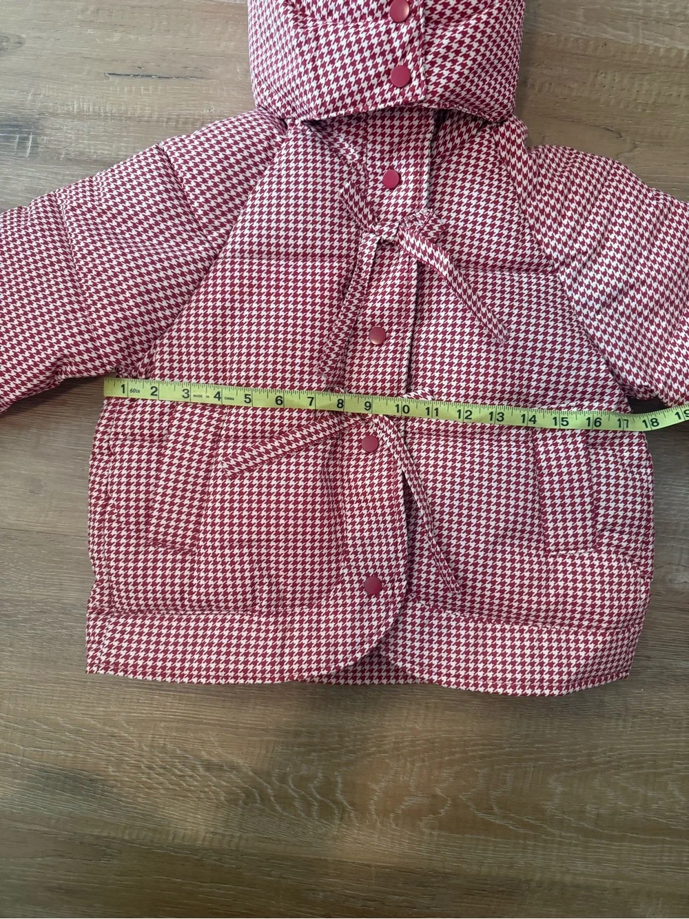 Red and White Houndstooth Hooded Puffer Jacket NWOT